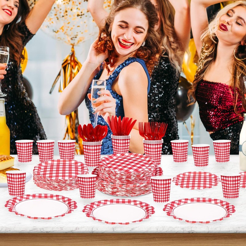 Greencian 560 Pcs Red Gingham Party Decorations,Serves 80