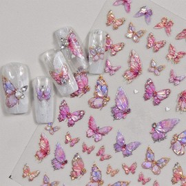 Butterfly Nail Art Stickers 5D Embossed Pink Butterfly Nail Decals Glitter Aurora Butterfly Nail Pattern Self-Adhesive Nail Art Supplies Butterfly Nail Stickers for Women Manicure DIY Nail Decoration
