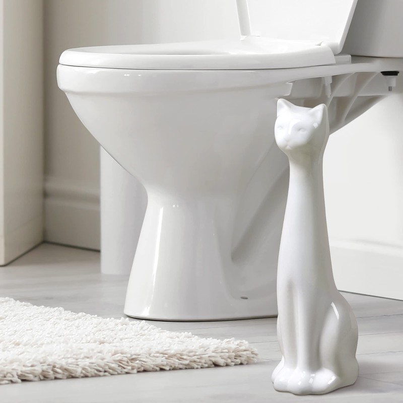 Allure Home Creation White Cat 2-Piece Toilet Brush Holder and