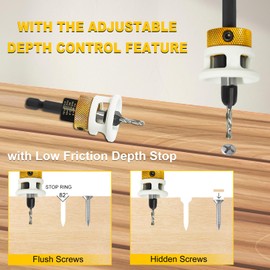 AUMEL 5 Piece Hex Shank Router Bit Set with Adjustable Depth Stop 82 Degree Carbide Tip 5/32 x 3/8 Inch 9/64 x 3/8 Inch 11/64 x 1/2 Inch Quick Change Router Bit Set