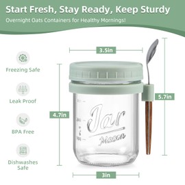 4 Pack Overnight Oats Containers with Lids and Spoons, 16 oz Glass Mason Jars with Airtight Lids, Overnight Oats Jars for Milk, Cereal, Fruit