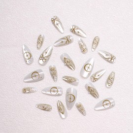 White French Tip Press on Nails Long Almond Fake Nails with 3D Gold Bohemia Bow Pearl Design Green Glitter Glue on False Nail Glossy Goth Acrylic Artificial Stick on Nail for Women 24PCS