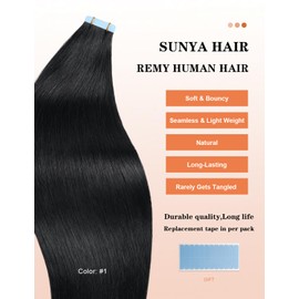 Sunya Tape in Hair Extensions Human Hair 18 inches Silky Straight Remy Human Hair Seamless Skin Weft Tape in Extensions 18 inches #1 Jet Black 50 Gram 20Pcs/Pack Thick Hair
