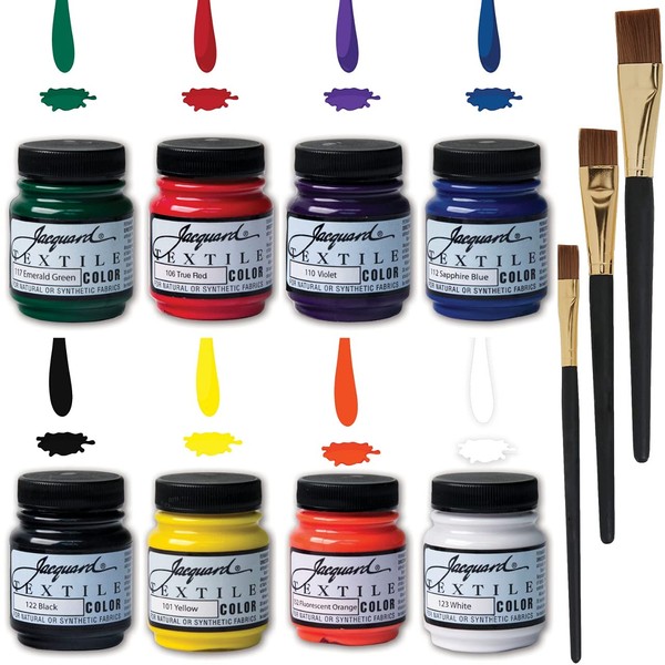 Jacquard Fabric Paint Textile Primary & Secondary 8 Color Set, 2.25-oz, Permanent All-Surface Paint for Jeans, T-Shirts, Shoes, Canvas, Leather, Upholstery, Wood, and more, With 3 Positive Art Brushes