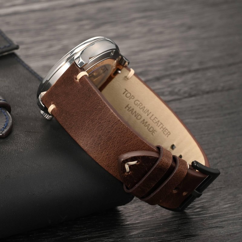 Anbeer Watch Band, Military Style Top Grain Leather, Quick Release