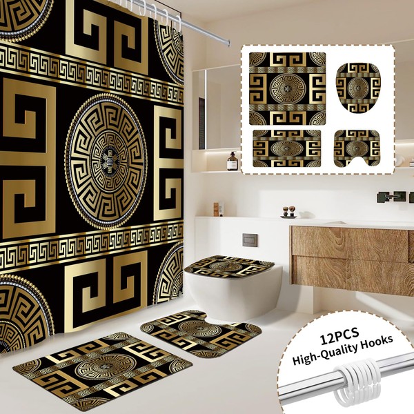 Muuyi 4PCS Black Gold Geometric Print Fabric Shower Curtain Set,