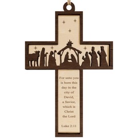 Wooden Cross Ornament for Christmas Tree with Holy Scripture Luke 2:11, Nativity Scene Cross Christmas Ornament, Jesus Decoration, A Tradition Story Religious Gifts for Family, Christian