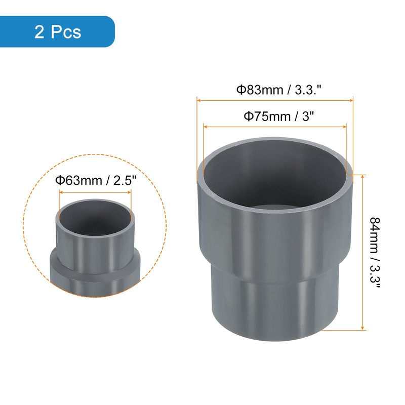 sourcing map 2 Pcs UPVC Reducer Pipe Fitting, 75x63mm PVC