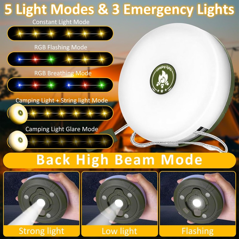 PQETBV Camping Fairy Lights, Camping Lantern with 5 Lighting Modes,