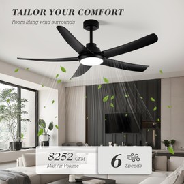 54 Inch Outdoor Ceiling Fans for Patios with Light Remote Control - Modern Black Ceiling Fan with Quiet Reversible DC Motor, Damp-rated Indoor Exterior Ceiling Fan for Porch Gazebo Bedroom, 8252 CFM