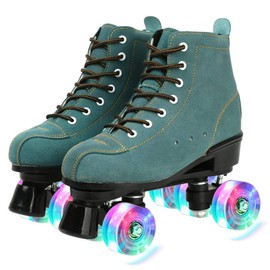 XUDREZ Cowhide Roller Skates for Women and Men High-Top Shoes Double-Row Design,Adjustable Classic Premium Roller Skates (Blue Flash Wheel,6)