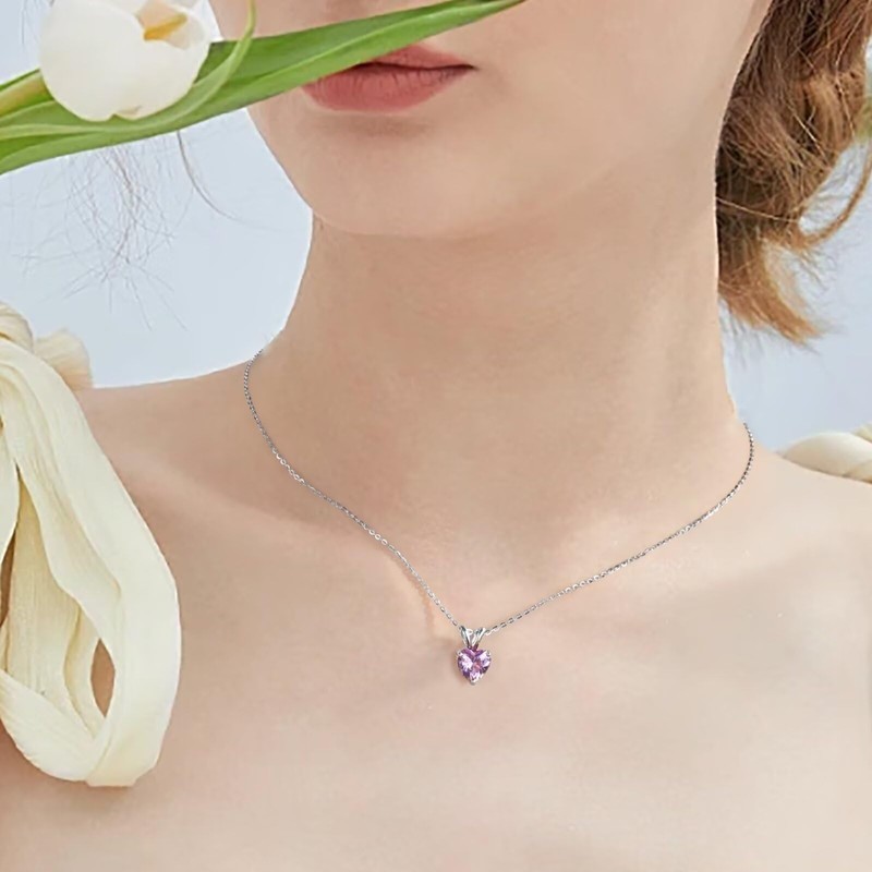 TINGN 925 Sterling Silver Heart Birthstone Necklace for Women, 12
