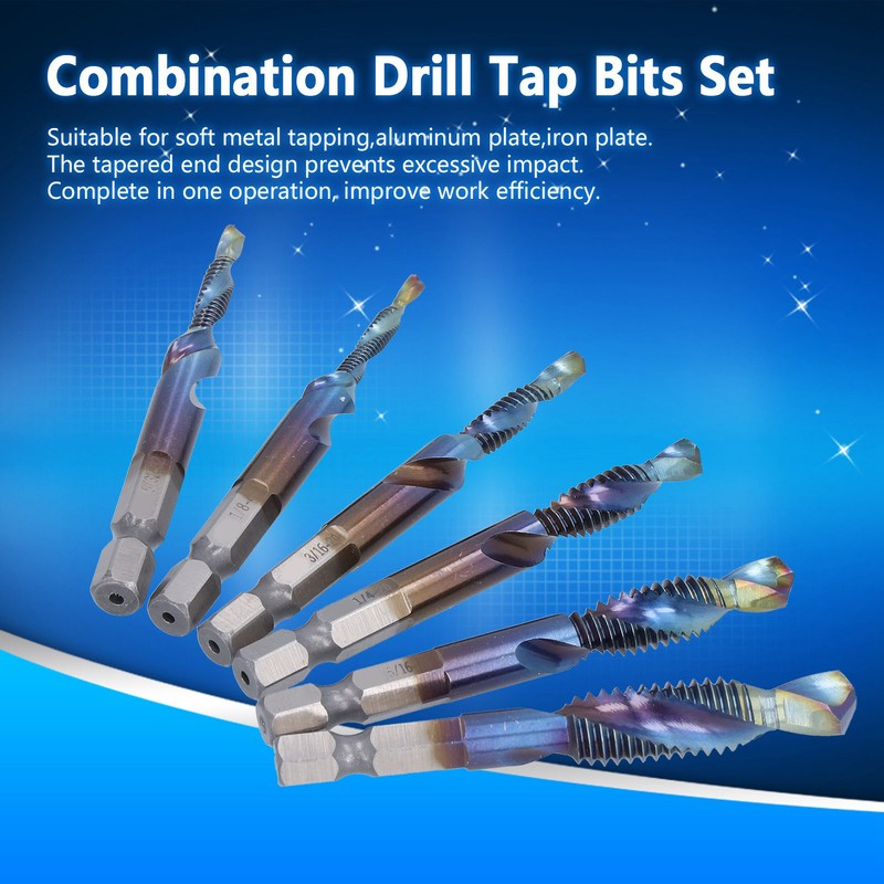 6Pcs Spiral Tap Drill Multifunctional HighSpeed Steel Hex Shank Drill