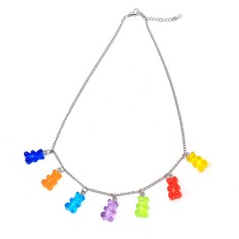 Creative Cute Gummy Bear Necklace Colorful Resin Bear Pendant Layered Necklace with Star Choker Necklace for Women(B)