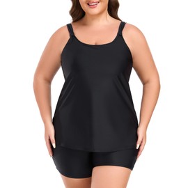 RELLECIGA Women's Tankini Sets Scoop Neck Tankini Top with Boyshort Two Piece Bathing Suit, Black, XX-Large