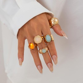 Chunky Gold Knuckle Rings Set for Women Mix Match Stackable Crystal Gem Ring Vintage Irregular Thread Statement Ring Non Tarnish Rhinestone Gold Rings Trendy Dainty Stackable Thumb Set Bohemian Jewelry (Gold-5PCS)
