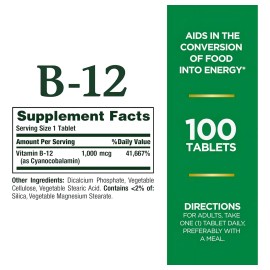 Natures Bounty Vitamina B-12 1000 mcg  100 tabletas recubiertas, suplemento de vitamina B12, sin gluten ni OMG, sin sabores ni edulcorantes...        