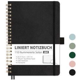 RETTACY Notebook A4 Ruled, Bullet Journal with 100 g/m² Thick Paper, 55 Sheets/110 Numbered Pages, College Pad for Office and School, Leather Cover, Black, 21 cm x 29.7 cm