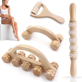 GZjiyu 4-Piece Massage Roller Set, Fascia Roller Wood, Fascia Roller with Handle Massage Roller for Neck, Shoulder, Legs, Back, Full Body Muscles