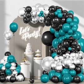 Chrome Teal Balloons Garland Arch Kit,Turquoise Silver Black Balloons Kit for Birthday Party Baby Shower Wedding Balloons Decoration