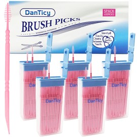 DanTicy Brushpicks Interdental Toothpicks,Soft Bristle Dental Floss Picks Toothpicks,Helps Removes Plaque and Debris Between Your Teeth 600PCS (Pack of 5) Strawberry