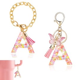 Ruqizhi Initial Letter 2PCS Keychain Cute Letter Charm Accessories with Butterfly Tassel for Cup with Handle for Women Girls