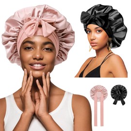 NELAPARO Gorro para Dormir,Gorro de Seda para Dormir Ajustable,Gorro De Dormir Suave Satinado Reutilizable Gorro De Seda para El Cuidado del Cabello Rizado y Cómodo con Banda Elástica Ancha, 2 Piezas