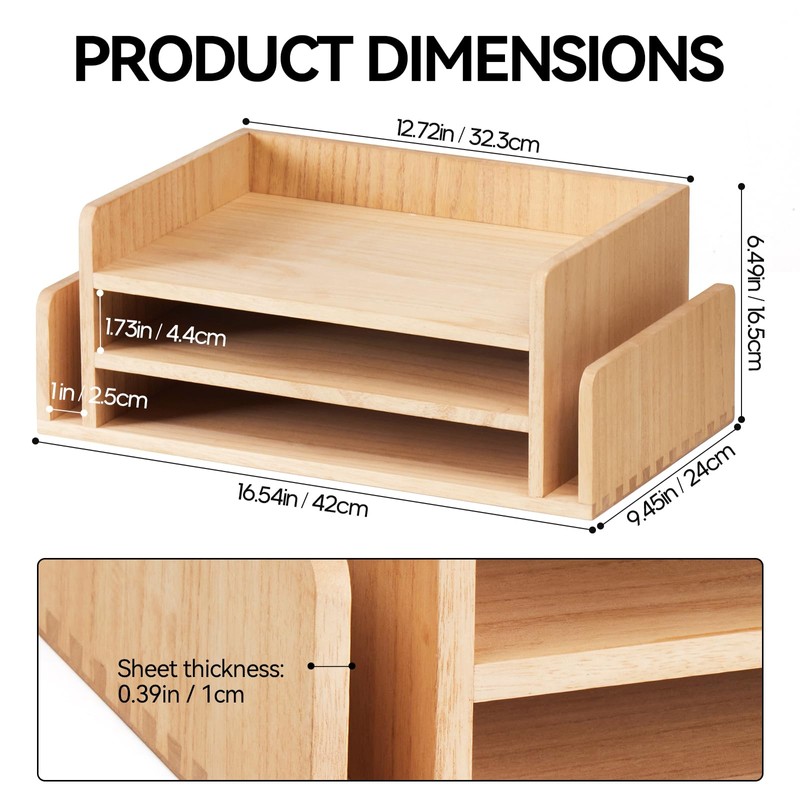 KIRIGEN Wood 3-Tier Office Desktop Document Tray - Mail Sorter
