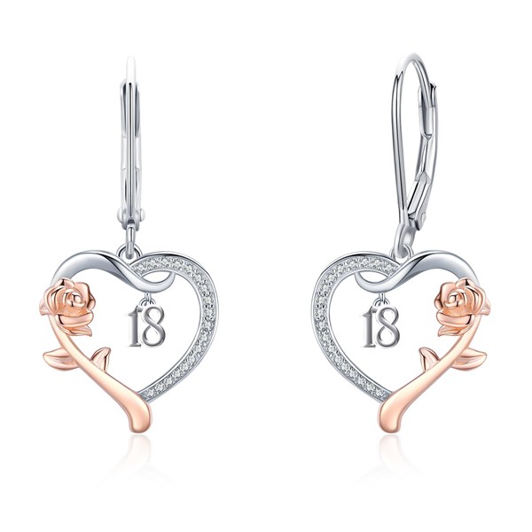 13/16/18/50/80th Birthday Earrings, Rose Flower Heart Earrings Silver 925 Hanging