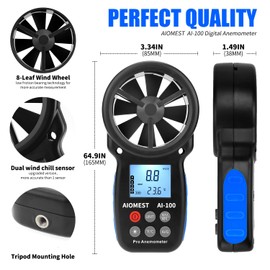 Wind Gauge Digital Anemometer, AIOMEST Hand Wind Meter AI-100 Wind Speed Measuring 90 km/h, Test Air Temperature ℃/℉, Wind Speed Meter for VMC Ventilation System, Air Measurement, Hunting, Windsurfing
