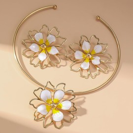 Juego de collar de flores delicadas y arete, diseño floral, diseño bohemio, para mujer, para madre, Middle, Metal, Sin piedra preciosa