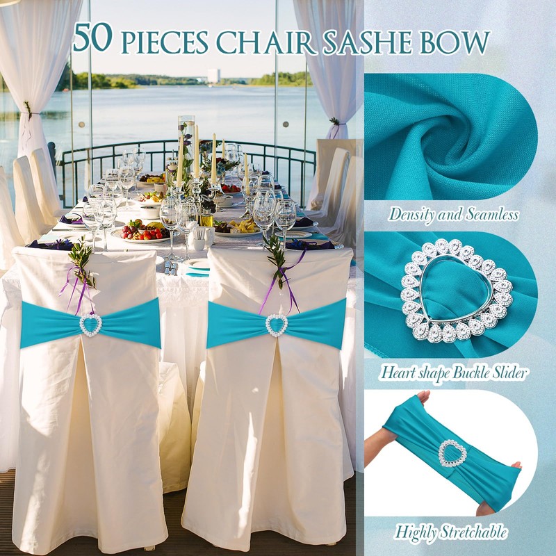VitalCozy 100 Pcs Spandex Chair Sashes with Heart Buckle Slider,Turquoise
