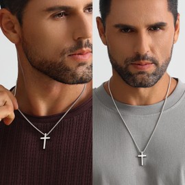 Estendly Silver Cross Necklace for Men, Gold Stainless Steel Mens Cross Chain, Cubic Zirconia Cross Pendant Necklaces Christain Jewelry Gift Wheat Chain 18 Inch
