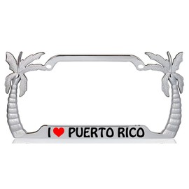 I Love Puerto Rico Palm Tree Design Chrome Metal Auto License Plate Frame Car Tag Holder