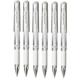 Uni Ball White Signo Pen Broad Metallic Gel Ink Rollerball Metal 1mm Tip Nib 0.65mm Line Width With Rubber Grip UM-153 (Pack Of 6)