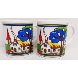 Rainbow Decors Village Art Deco Mugs Set of 2 Large Balmoral 425ml 15oz Fine Bone China Exclusive Countryside Scene Cups Hand Decorated in UK