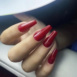 Bellelfin 240Pcs Long Press on Nails Coffin Nails Press ons, Red Glue on Nails Solid Color Long Fake Nails Full Cover Artificial Acrylic False Nails for Women Girls Fingernails Design