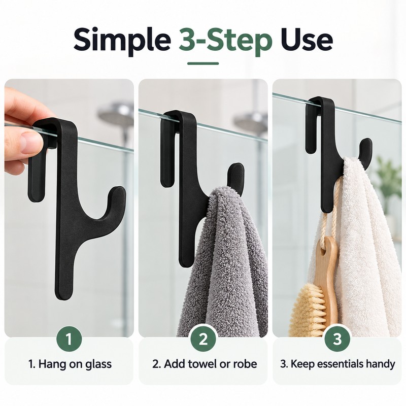 Shower Door Towel Hook for 8mm Glass – PET Door-Mount
