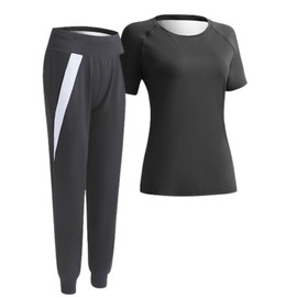 Mie-Mie Women's Sauna Suit, Top and Bottom Set, Sweat Wear, Short Sleeve, Jersey, Sportswear, Spring/Summer, Sweating, Large Size, Running, Yoga Wear, Black, L