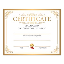 Gold Certificate of Completion, Student Certificates of Achievement for Kids, 8x10 Inches Award Certificates Birthday Graduation Party Favor -006
