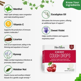 HERBION Naturals Cough Drops, Dietary Supplement, Soothes Cough, for Adults and Children Over 6 Years, No Artificial Flavor, No Added Color (18 Count (Pack of 1), Cherry)