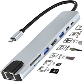 USB C Hub,8 en 1 Adaptador USB C Hub a HDMI 4K,Adaptador USB C a Ethernet,Ethernet LAN Adaptador,Concentrador USB Adaptador 5Gbps,Lector de Tarjetas SD/TF,Suministro de Energía de 78W