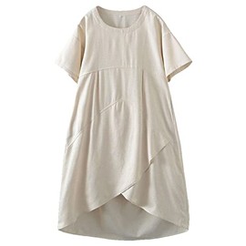 Minibee Women's Casual Linen Dress Summer Short Sleeve Flowy Empire Waist Midi Dresses with Pockets Beige L