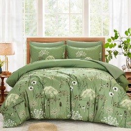 Yiran 7 Piece Sage Green Floral Comforter Set King Size, Dandelion Plant Botanical Comforter Bedding Set, Bed in a Bag King, Soft Microfiber Complete Bedding Set with Sheets for All Season