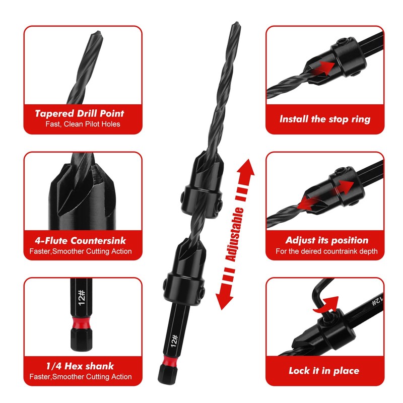 CASOMAN 15 PCS Countersink Drill Bit Set, Tapered Drill Bits,