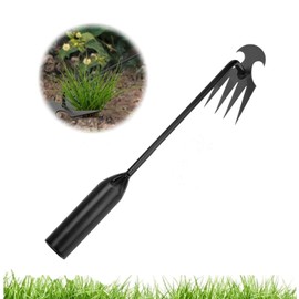 Fainca 30 cm Hand Weed Cutter, Weed Garden Tools, Four Teeth Weed Remover Device, Rake Garden with Handle, Garden Hoe, for Removing Garden Weeds (Black)