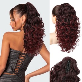 Flufymooz 100％ Pure Protein Ponytail Extension, 18 Inch Curly Claw Clip Ponytail Hair Extensions Natural Soft pony tail hairpiece for women-Wine Red