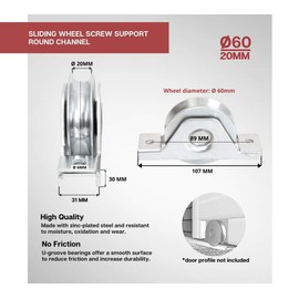 DOJA Industrial Sliding Door Rollers, 60 mm x 20 mm, 2 Units, Castors for Cupboard with Screw Support, Sliding Doors Swivel Castor, U-Profile, Sliding Door Runner, Roller Door Pulley Wheel