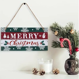 Losuya Merry Christmas Wooden Plaque Board Sign Door Hanging Wood Sign Snowflake Red Green for Chrismtas Home Decorations