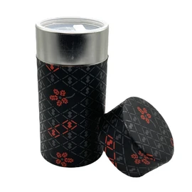 Noguchi Kumataro Tea Garden, Tea Canister, Large Capacity, 7.1 oz (200 g), Japanese Paper Sticker, Inner Lid, Inden (Gourd) Pattern, Black, Made in Japan, Fashionable